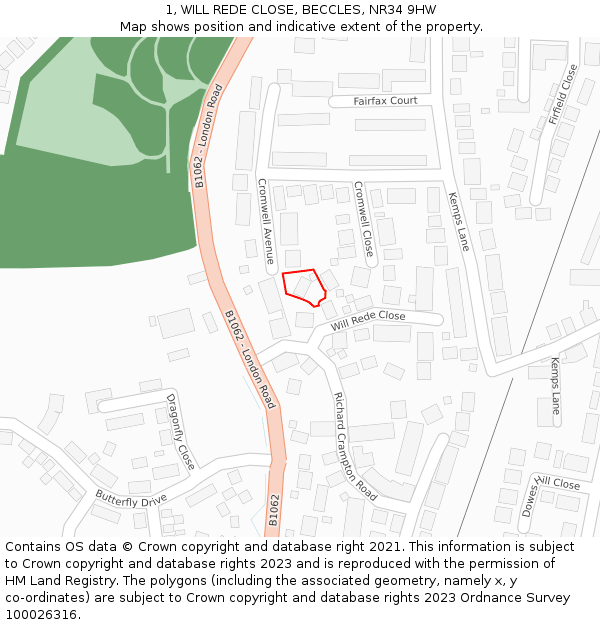 1, WILL REDE CLOSE, BECCLES, NR34 9HW: Location map and indicative extent of plot