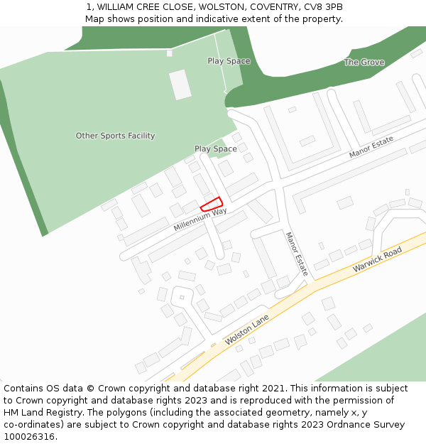 1, WILLIAM CREE CLOSE, WOLSTON, COVENTRY, CV8 3PB: Location map and indicative extent of plot