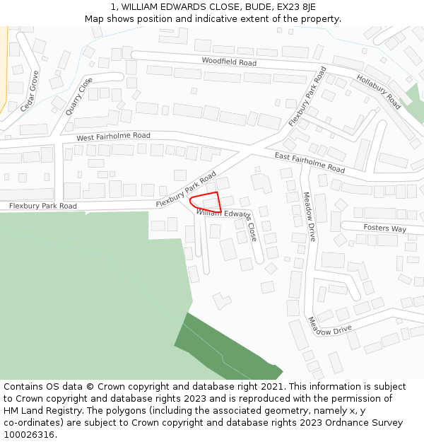 1, WILLIAM EDWARDS CLOSE, BUDE, EX23 8JE: Location map and indicative extent of plot