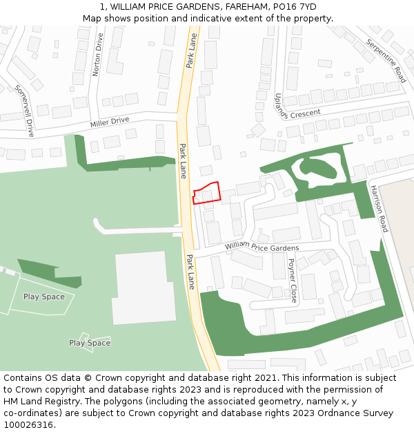 1, WILLIAM PRICE GARDENS, FAREHAM, PO16 7YD: Location map and indicative extent of plot