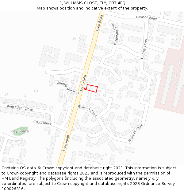 1, WILLIAMS CLOSE, ELY, CB7 4FQ: Location map and indicative extent of plot