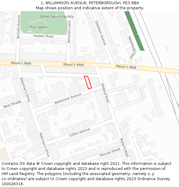 1, WILLIAMSON AVENUE, PETERBOROUGH, PE3 6BA: Location map and indicative extent of plot