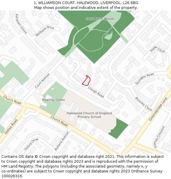 1, WILLIAMSON COURT, HALEWOOD, LIVERPOOL, L26 6BG: Location map and indicative extent of plot