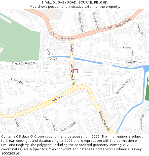 1, WILLOUGHBY ROAD, BOURNE, PE10 9JN: Location map and indicative extent of plot