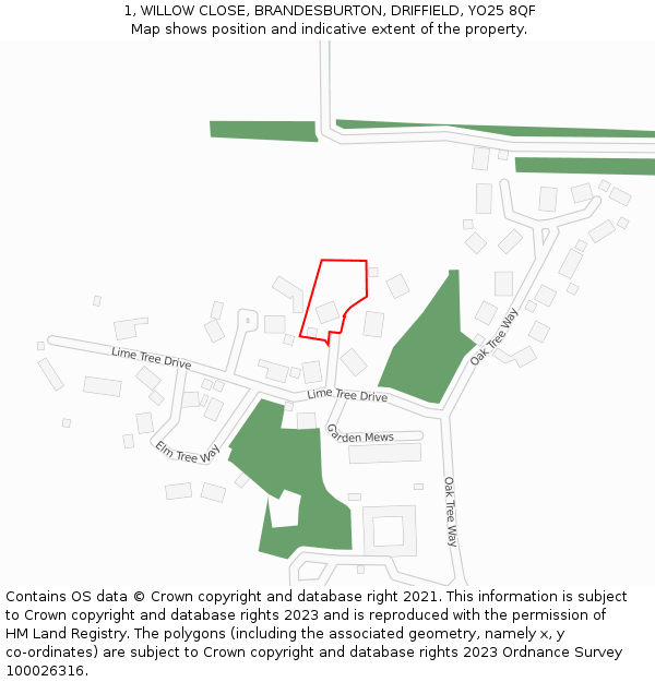 1, WILLOW CLOSE, BRANDESBURTON, DRIFFIELD, YO25 8QF: Location map and indicative extent of plot