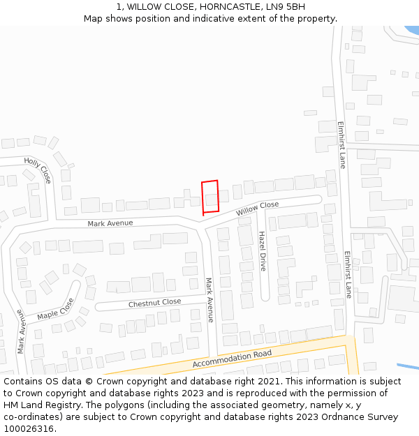 1, WILLOW CLOSE, HORNCASTLE, LN9 5BH: Location map and indicative extent of plot