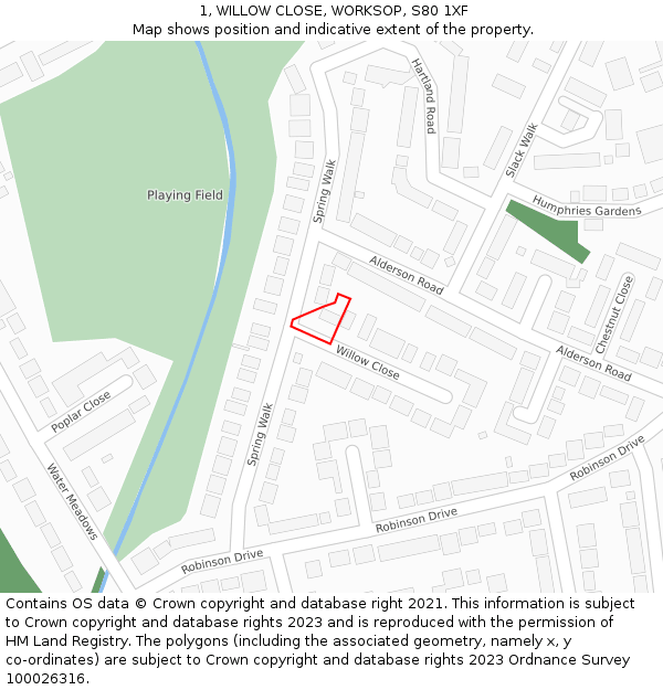 1, WILLOW CLOSE, WORKSOP, S80 1XF: Location map and indicative extent of plot