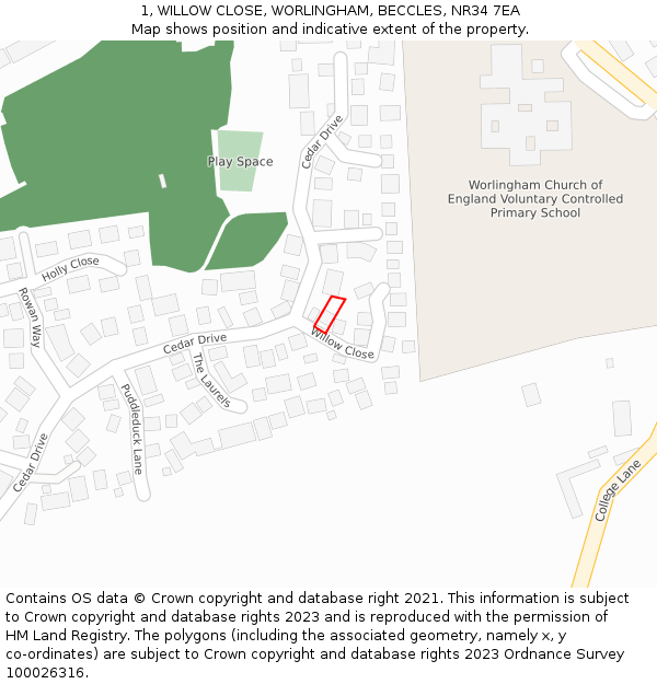1, WILLOW CLOSE, WORLINGHAM, BECCLES, NR34 7EA: Location map and indicative extent of plot