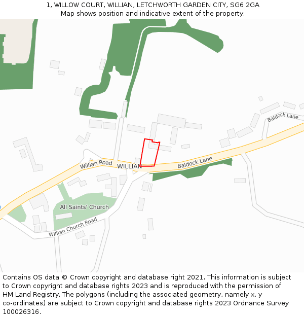 1, WILLOW COURT, WILLIAN, LETCHWORTH GARDEN CITY, SG6 2GA: Location map and indicative extent of plot