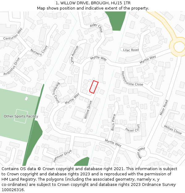 1, WILLOW DRIVE, BROUGH, HU15 1TR: Location map and indicative extent of plot