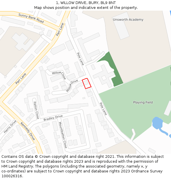 1, WILLOW DRIVE, BURY, BL9 8NT: Location map and indicative extent of plot