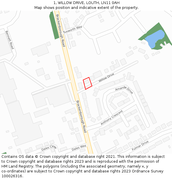 1, WILLOW DRIVE, LOUTH, LN11 0AH: Location map and indicative extent of plot