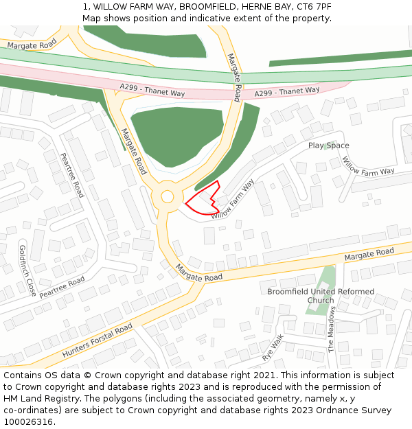 1, WILLOW FARM WAY, BROOMFIELD, HERNE BAY, CT6 7PF: Location map and indicative extent of plot