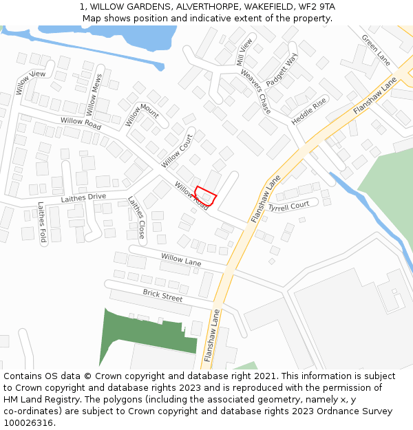 1, WILLOW GARDENS, ALVERTHORPE, WAKEFIELD, WF2 9TA: Location map and indicative extent of plot