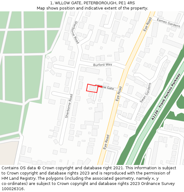 1, WILLOW GATE, PETERBOROUGH, PE1 4RS: Location map and indicative extent of plot