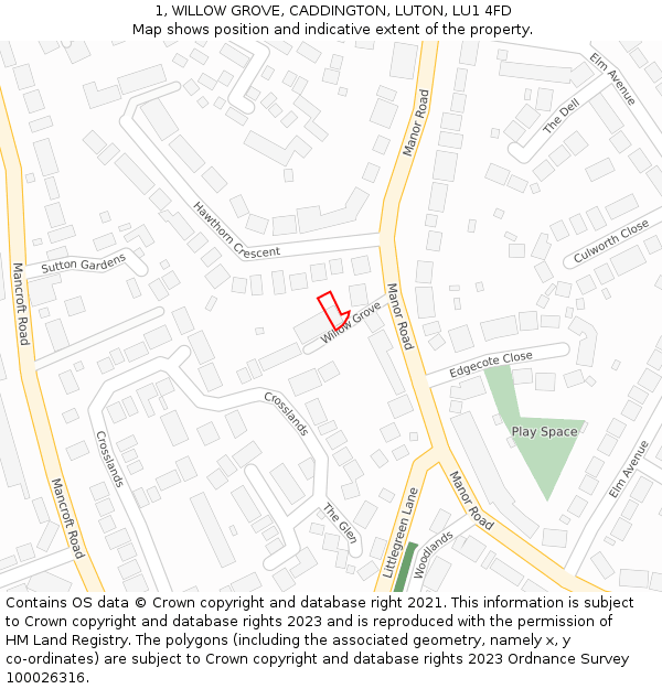 1, WILLOW GROVE, CADDINGTON, LUTON, LU1 4FD: Location map and indicative extent of plot