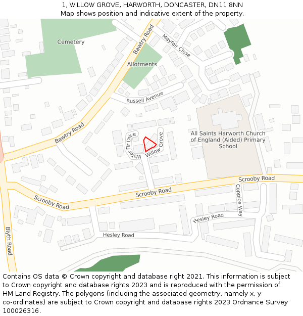 1, WILLOW GROVE, HARWORTH, DONCASTER, DN11 8NN: Location map and indicative extent of plot