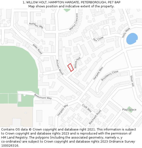 1, WILLOW HOLT, HAMPTON HARGATE, PETERBOROUGH, PE7 8AP: Location map and indicative extent of plot
