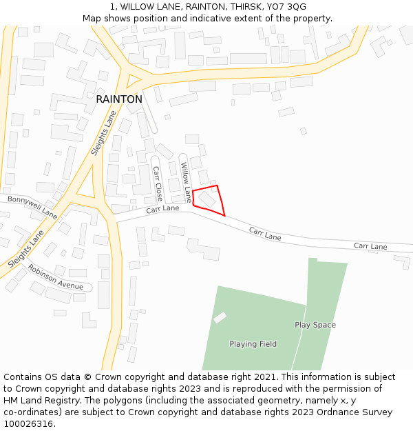 1, WILLOW LANE, RAINTON, THIRSK, YO7 3QG: Location map and indicative extent of plot