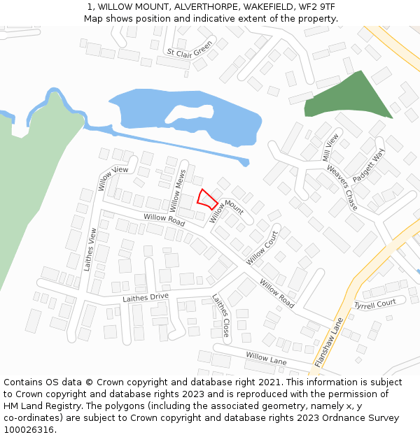 1, WILLOW MOUNT, ALVERTHORPE, WAKEFIELD, WF2 9TF: Location map and indicative extent of plot