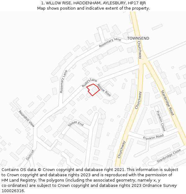 1, WILLOW RISE, HADDENHAM, AYLESBURY, HP17 8JR: Location map and indicative extent of plot