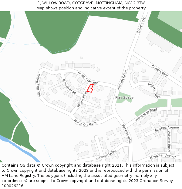 1, WILLOW ROAD, COTGRAVE, NOTTINGHAM, NG12 3TW: Location map and indicative extent of plot