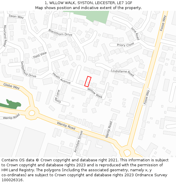 1, WILLOW WALK, SYSTON, LEICESTER, LE7 1GF: Location map and indicative extent of plot