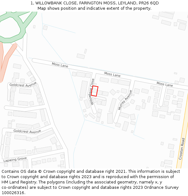 1, WILLOWBANK CLOSE, FARINGTON MOSS, LEYLAND, PR26 6QD: Location map and indicative extent of plot