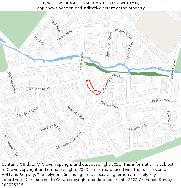 1, WILLOWBRIDGE CLOSE, CASTLEFORD, WF10 5TQ: Location map and indicative extent of plot