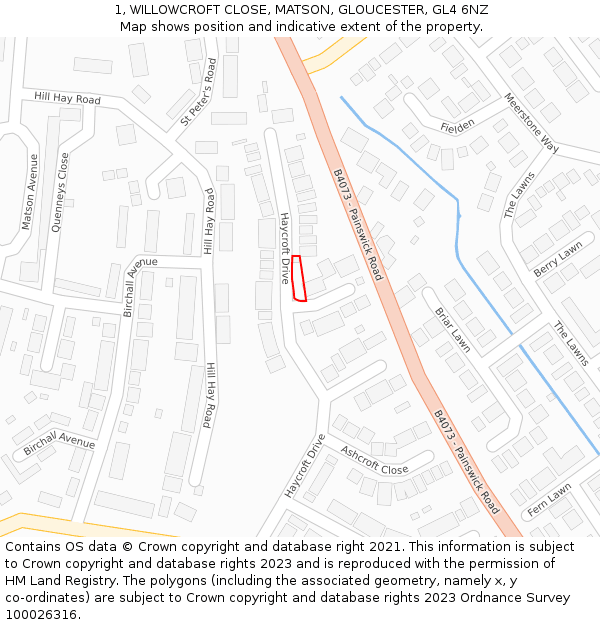 1, WILLOWCROFT CLOSE, MATSON, GLOUCESTER, GL4 6NZ: Location map and indicative extent of plot