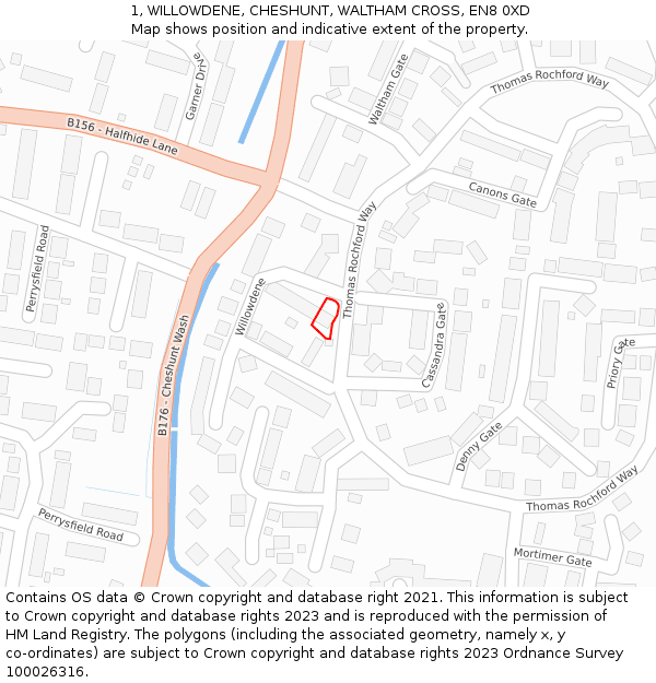 1, WILLOWDENE, CHESHUNT, WALTHAM CROSS, EN8 0XD: Location map and indicative extent of plot