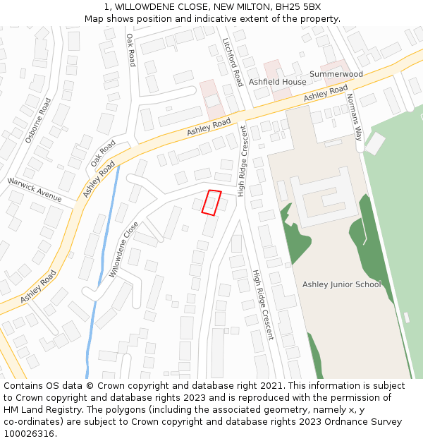 1, WILLOWDENE CLOSE, NEW MILTON, BH25 5BX: Location map and indicative extent of plot