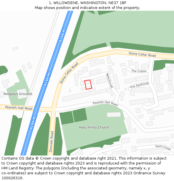 1, WILLOWDENE, WASHINGTON, NE37 1BF: Location map and indicative extent of plot