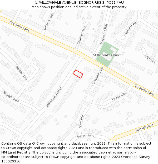 1, WILLOWHALE AVENUE, BOGNOR REGIS, PO21 4AU: Location map and indicative extent of plot