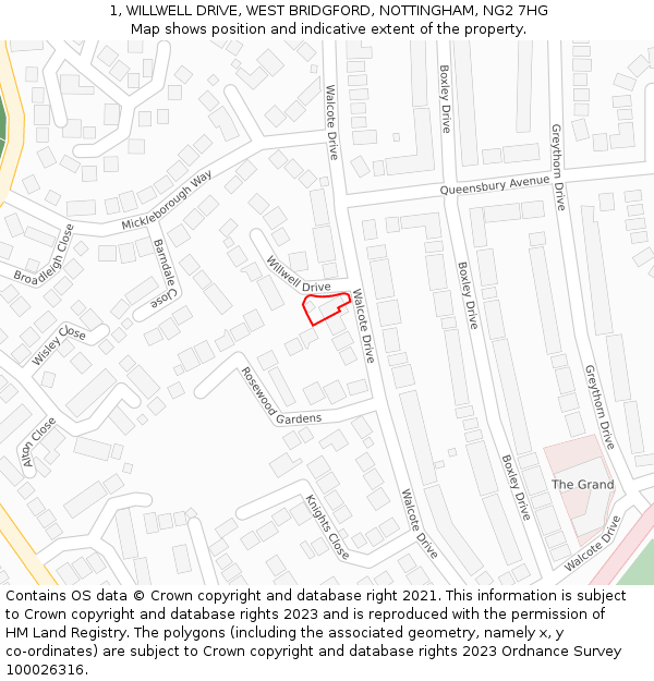 1, WILLWELL DRIVE, WEST BRIDGFORD, NOTTINGHAM, NG2 7HG: Location map and indicative extent of plot