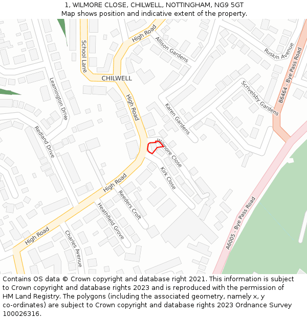 1, WILMORE CLOSE, CHILWELL, NOTTINGHAM, NG9 5GT: Location map and indicative extent of plot