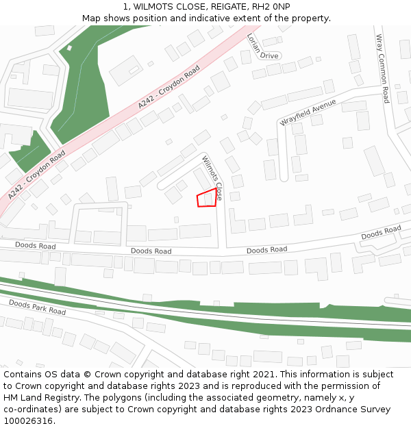 1, WILMOTS CLOSE, REIGATE, RH2 0NP: Location map and indicative extent of plot