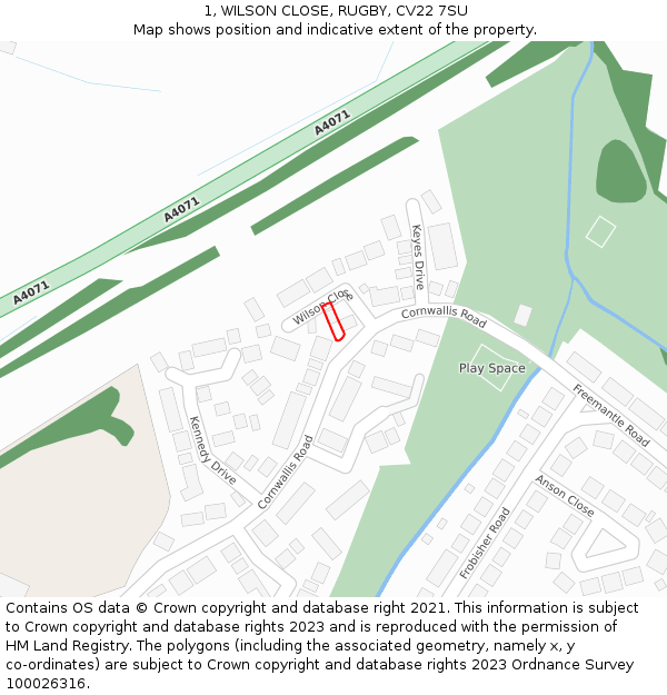 1, WILSON CLOSE, RUGBY, CV22 7SU: Location map and indicative extent of plot