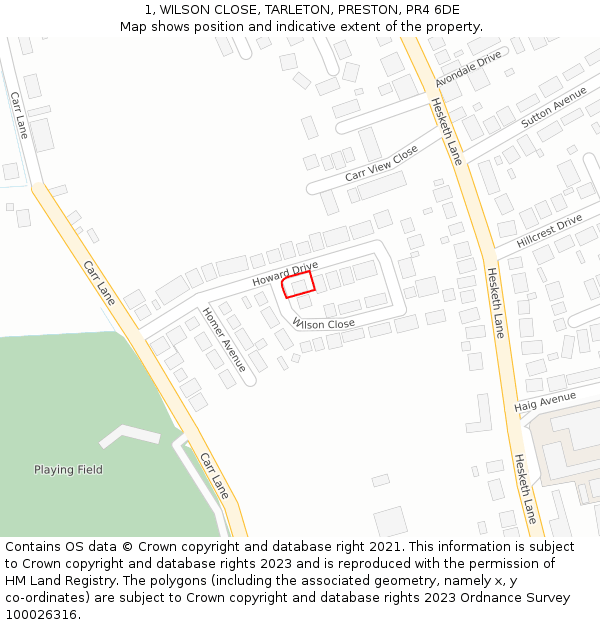 1, WILSON CLOSE, TARLETON, PRESTON, PR4 6DE: Location map and indicative extent of plot