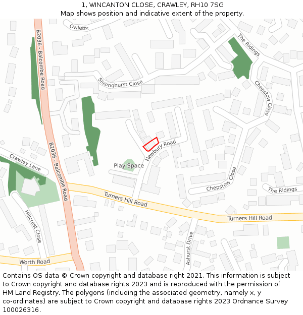 1, WINCANTON CLOSE, CRAWLEY, RH10 7SG: Location map and indicative extent of plot