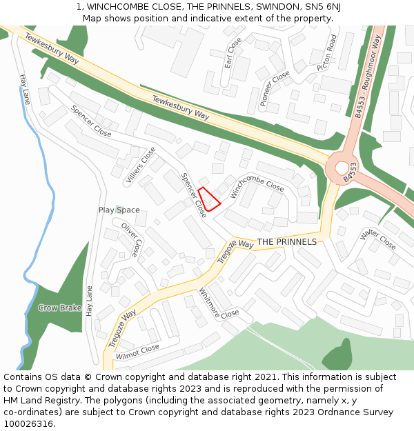 1, WINCHCOMBE CLOSE, THE PRINNELS, SWINDON, SN5 6NJ: Location map and indicative extent of plot