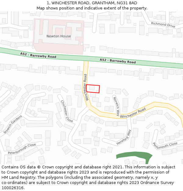 1, WINCHESTER ROAD, GRANTHAM, NG31 8AD: Location map and indicative extent of plot