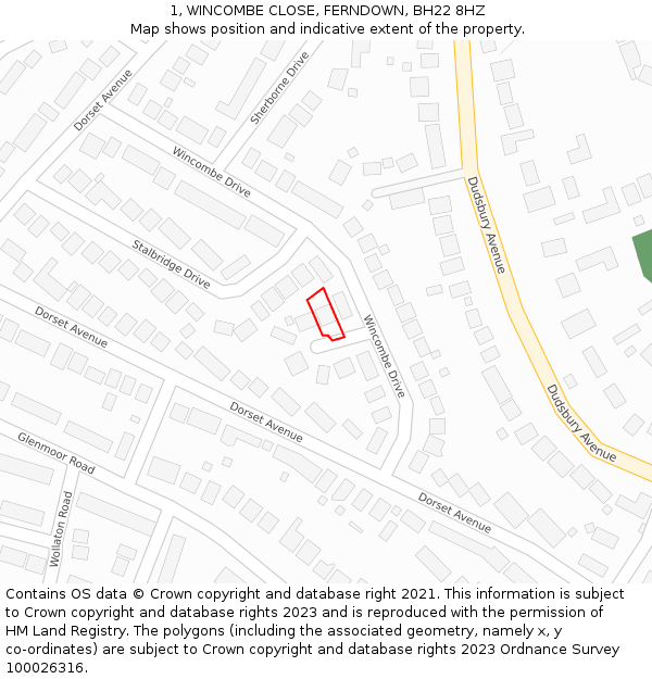 1, WINCOMBE CLOSE, FERNDOWN, BH22 8HZ: Location map and indicative extent of plot