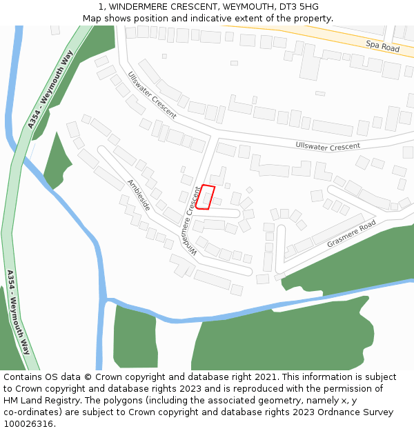 1, WINDERMERE CRESCENT, WEYMOUTH, DT3 5HG: Location map and indicative extent of plot