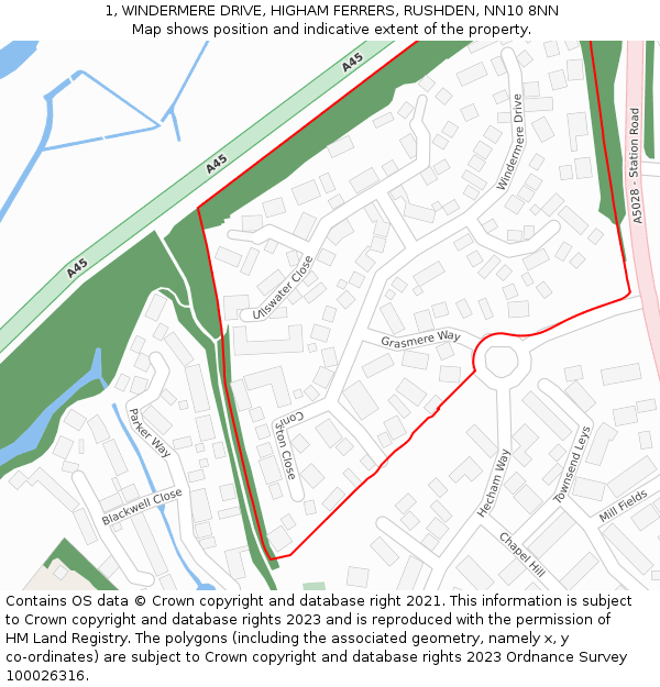 1, WINDERMERE DRIVE, HIGHAM FERRERS, RUSHDEN, NN10 8NN: Location map and indicative extent of plot