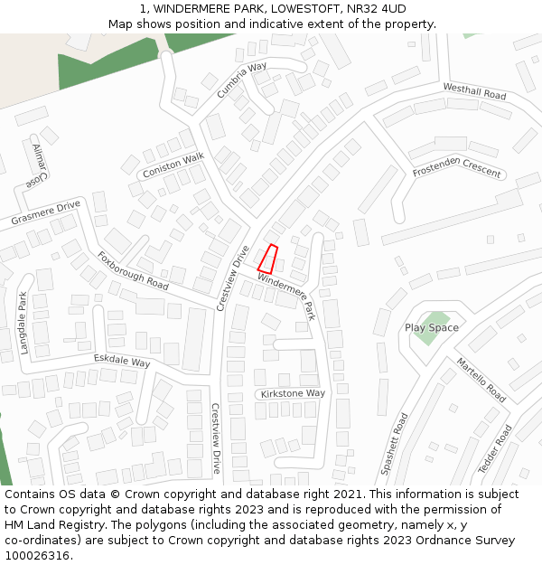 1, WINDERMERE PARK, LOWESTOFT, NR32 4UD: Location map and indicative extent of plot
