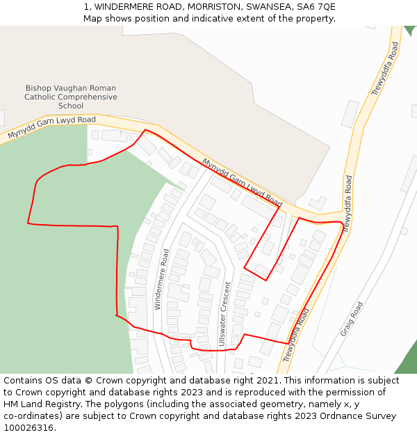 1, WINDERMERE ROAD, MORRISTON, SWANSEA, SA6 7QE: Location map and indicative extent of plot