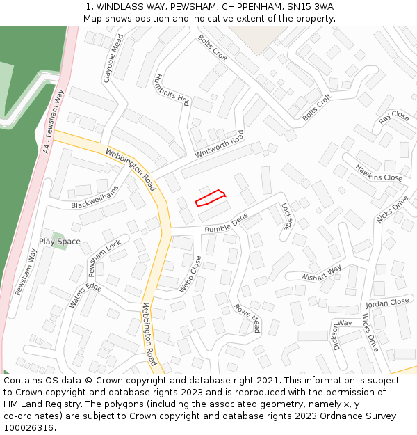 1, WINDLASS WAY, PEWSHAM, CHIPPENHAM, SN15 3WA: Location map and indicative extent of plot