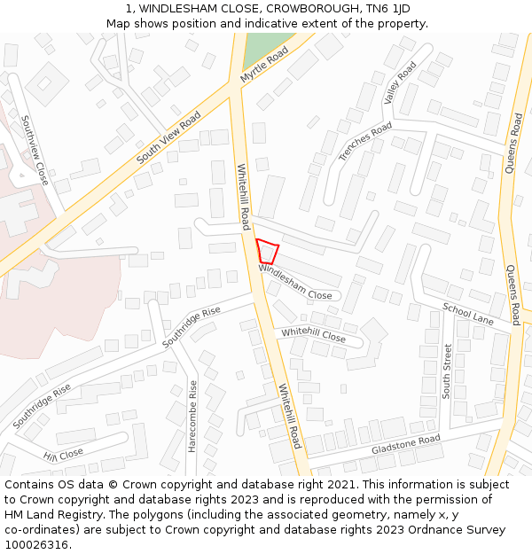 1, WINDLESHAM CLOSE, CROWBOROUGH, TN6 1JD: Location map and indicative extent of plot