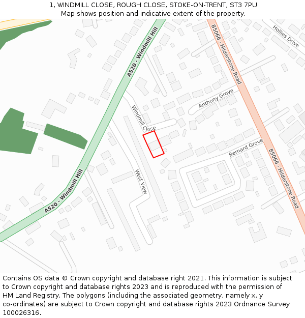 1, WINDMILL CLOSE, ROUGH CLOSE, STOKE-ON-TRENT, ST3 7PU: Location map and indicative extent of plot
